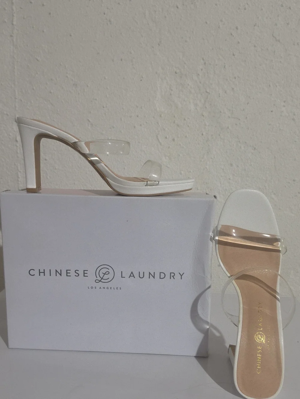 Chinese Laundry Tiffney White Heeled Sandals with Clear Straps